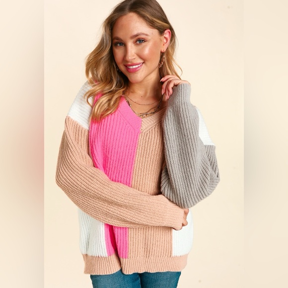 Color Block Knit V-Neck Pullover Relaxed Fit Sweater, Pink/Gray/Tan/White, S-M-L - Picture 8 of 10